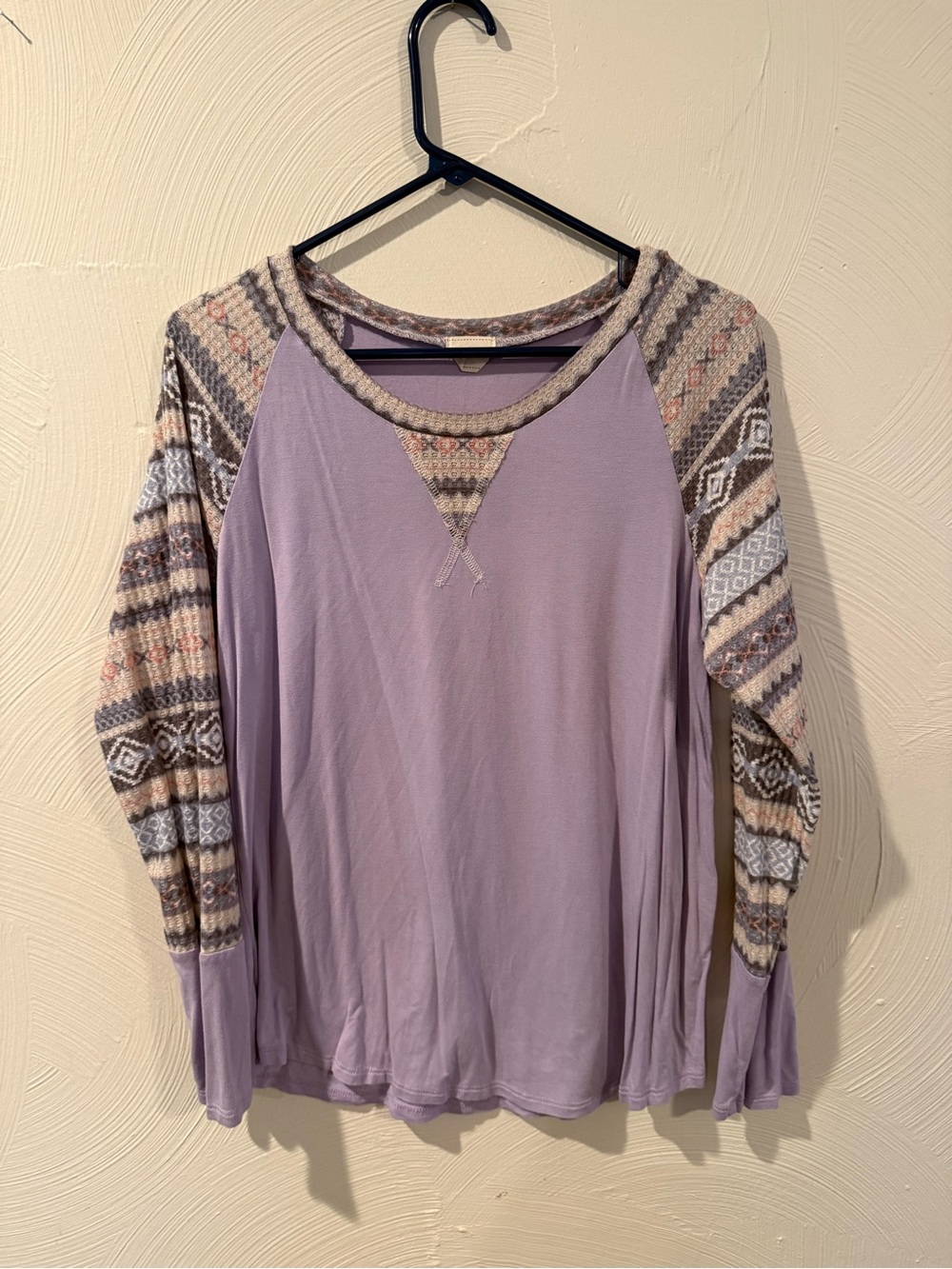Lovely Melody Lavender Long Sleeve Raglan Top with Patterned Sleeves